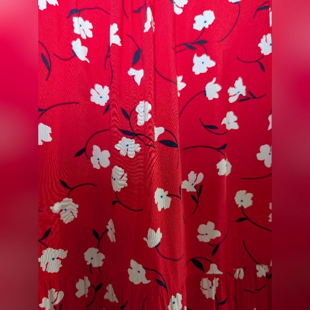 J.Crew Red Floral Midi Dress L Tiered Viscose Boho Spring Summer Romantic Picnic - Picture 4 of 7